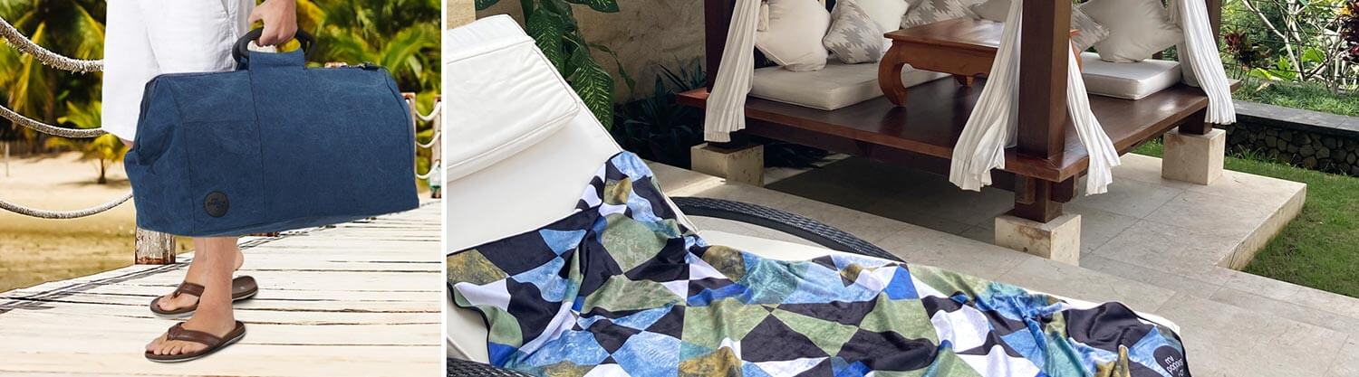 Men's travel bag on jetty and geo towel at hotel pool