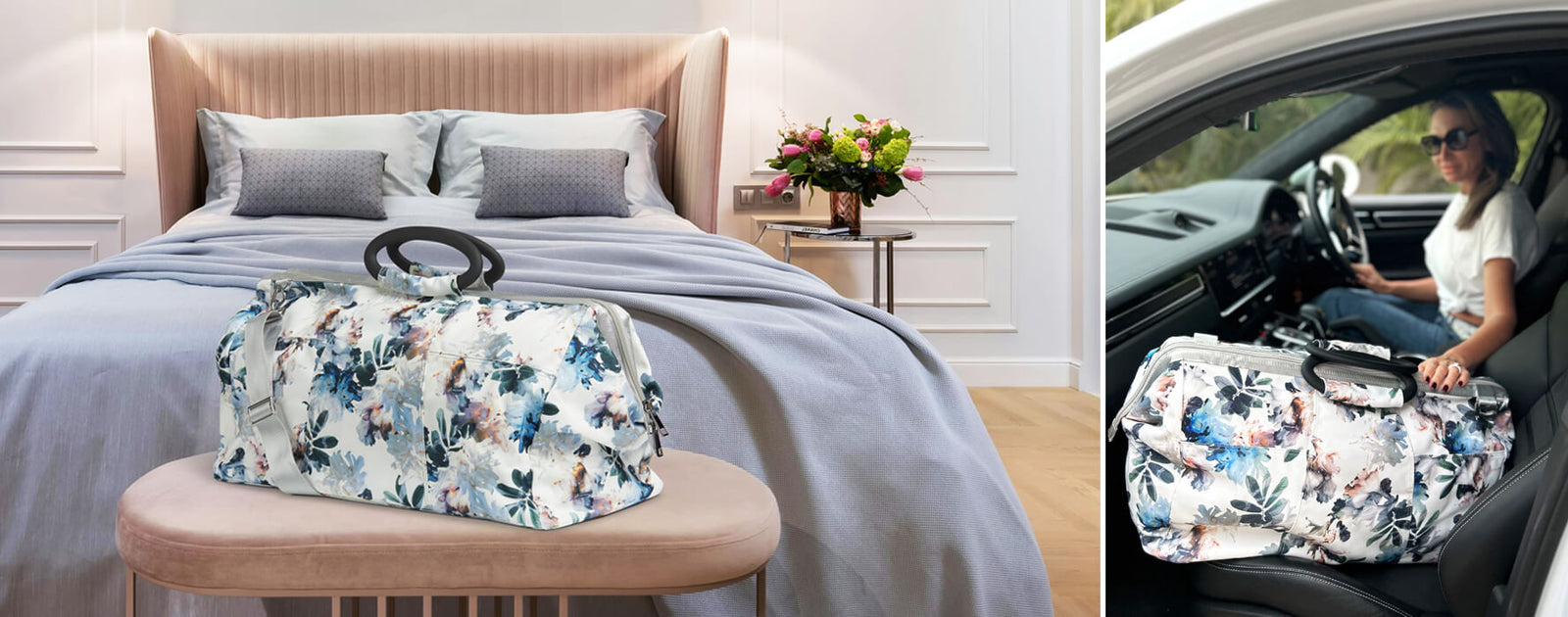 Travel weekender bag in a hotel room and in a luxury car