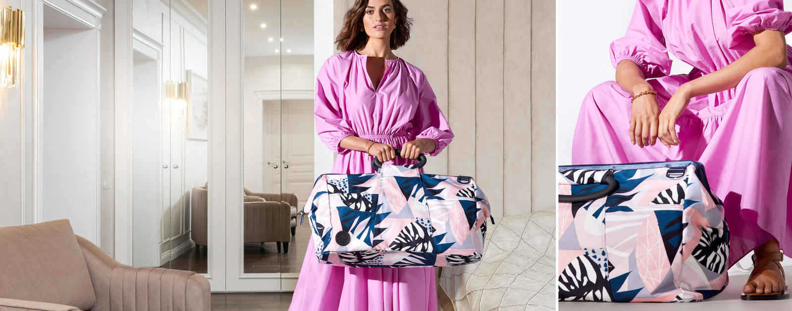Women's overnight bag in a luxury hotel room and also posed at a woman's feet