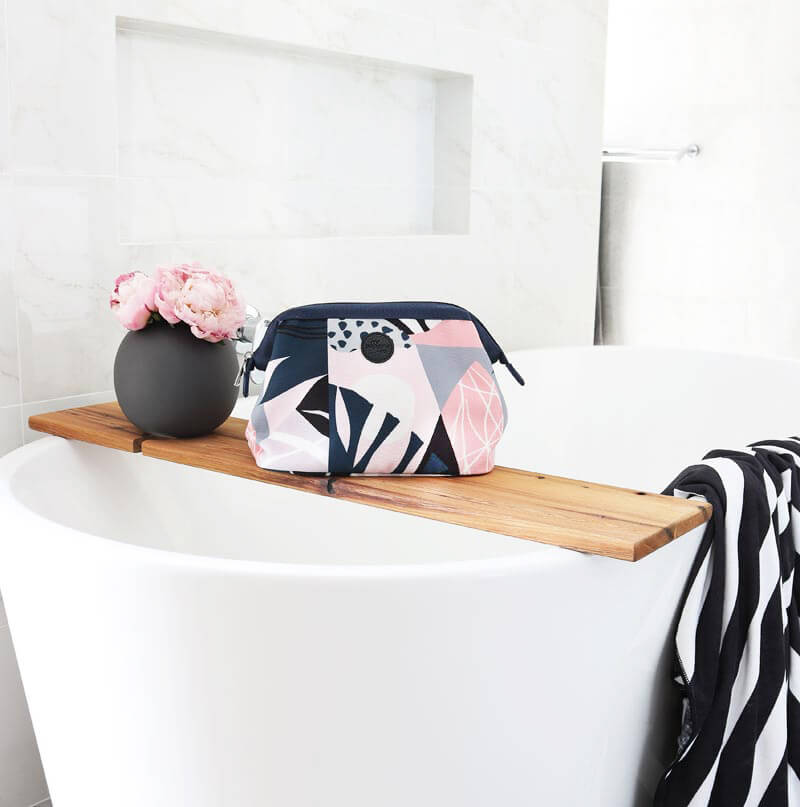 Roam toiletry bag in modern geometric design in a modern bathroom