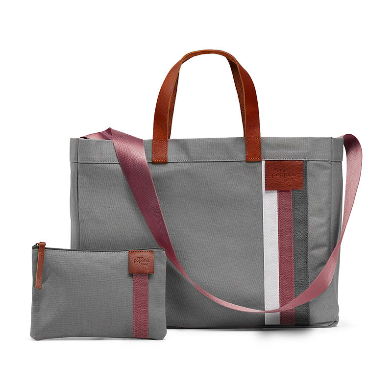 Grey Tote Bag with pink strap and separate zipped purse in front