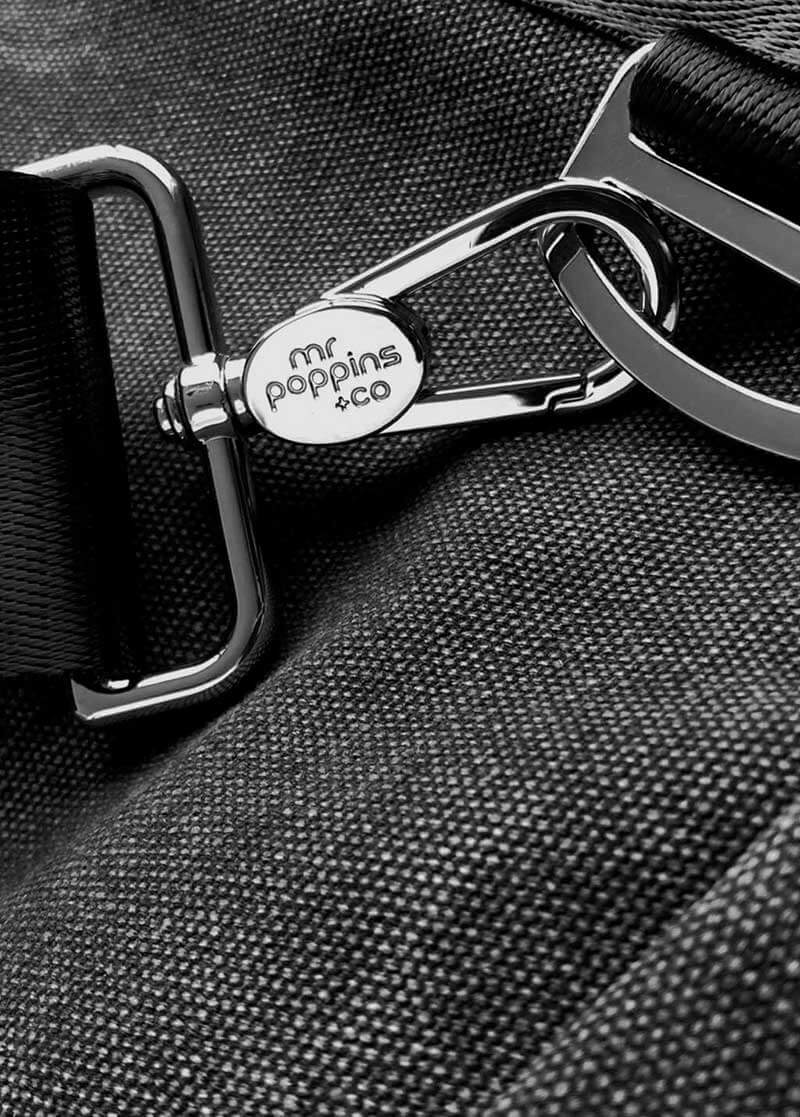 close up of chrome plated clasps of the Kahoots leisure bag embossed with our logo
