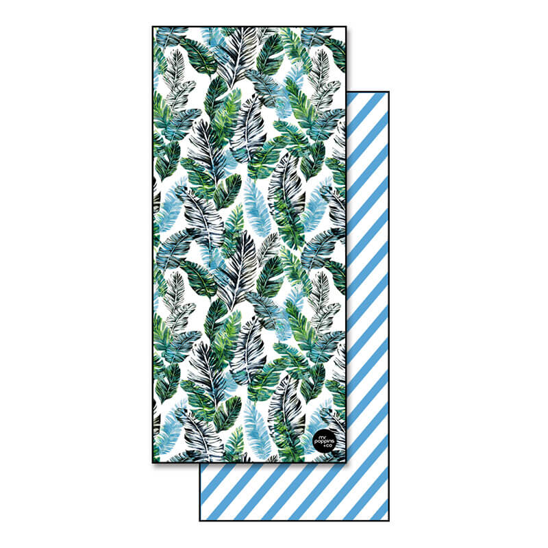 Sand free beach towel in blue and green feather print