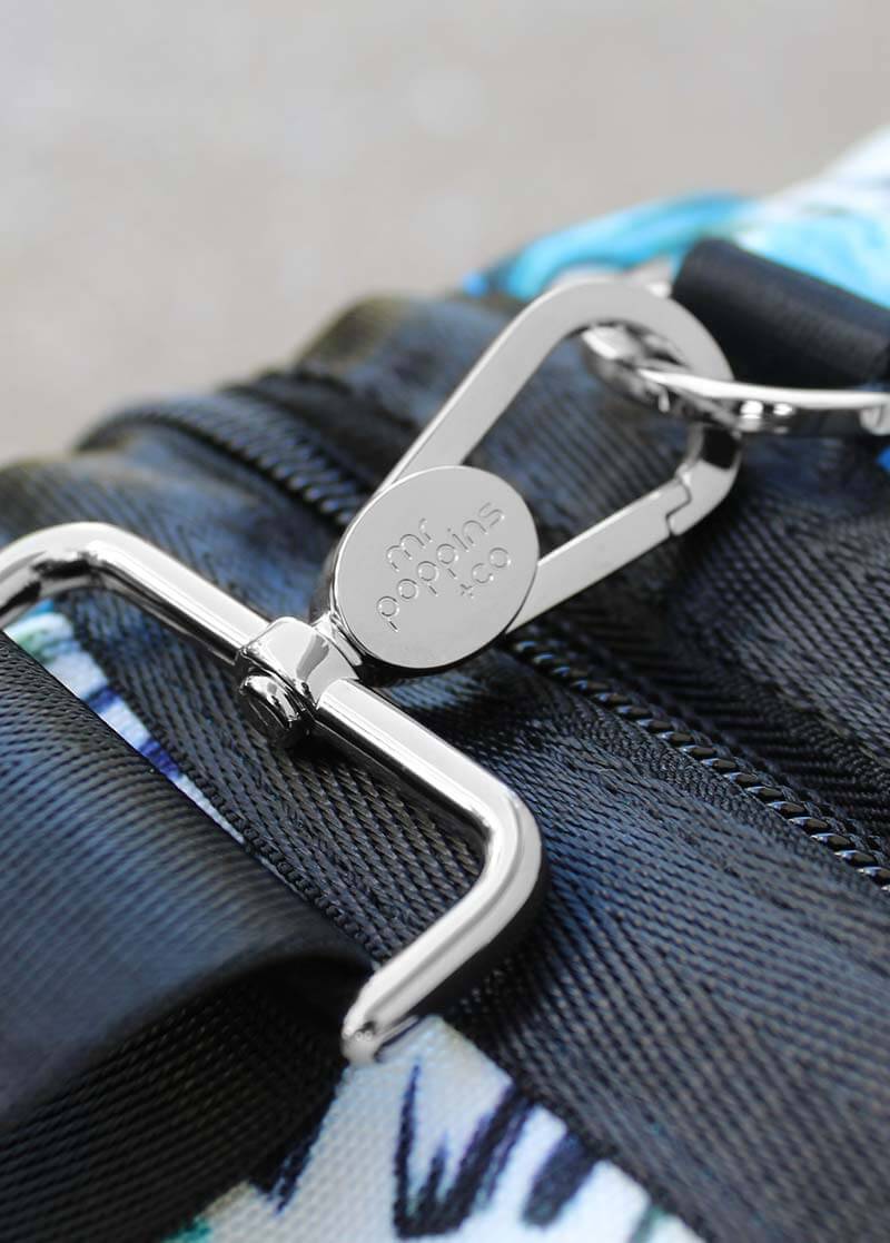close up of chrome plated clasps of the Kahoots Leisure Bag embossed with our logo