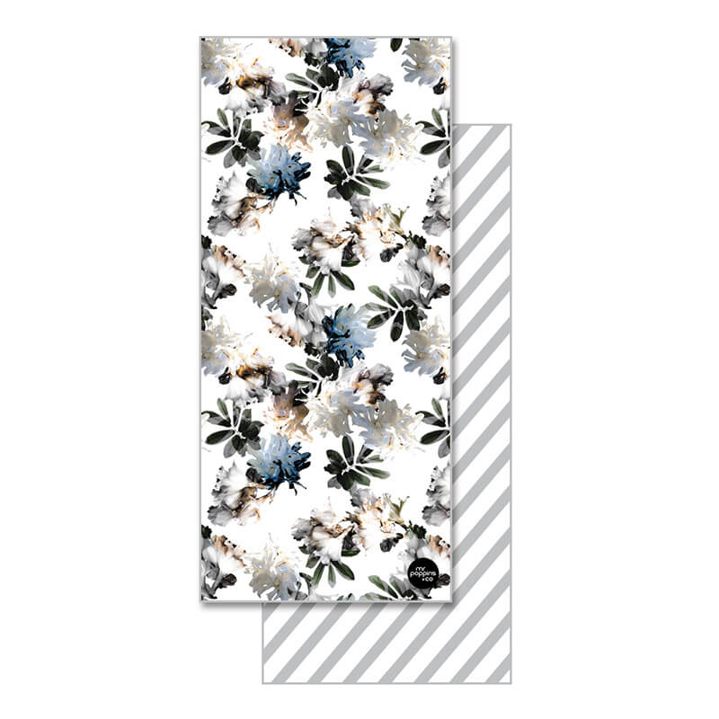 Modern double sided floral print on premium microfibre sand free beach towel with grey stripped back