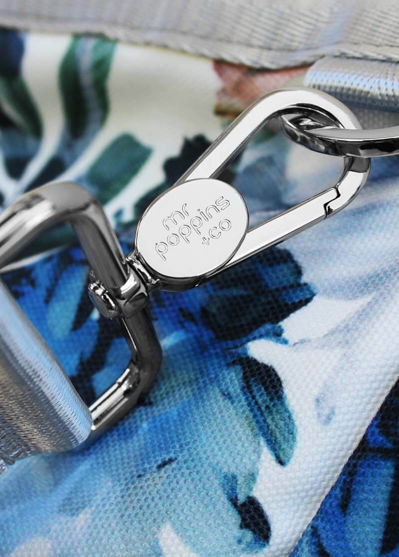 close up of chrome plated clasps of the Kahoots Leisure Bag embossed with our logo