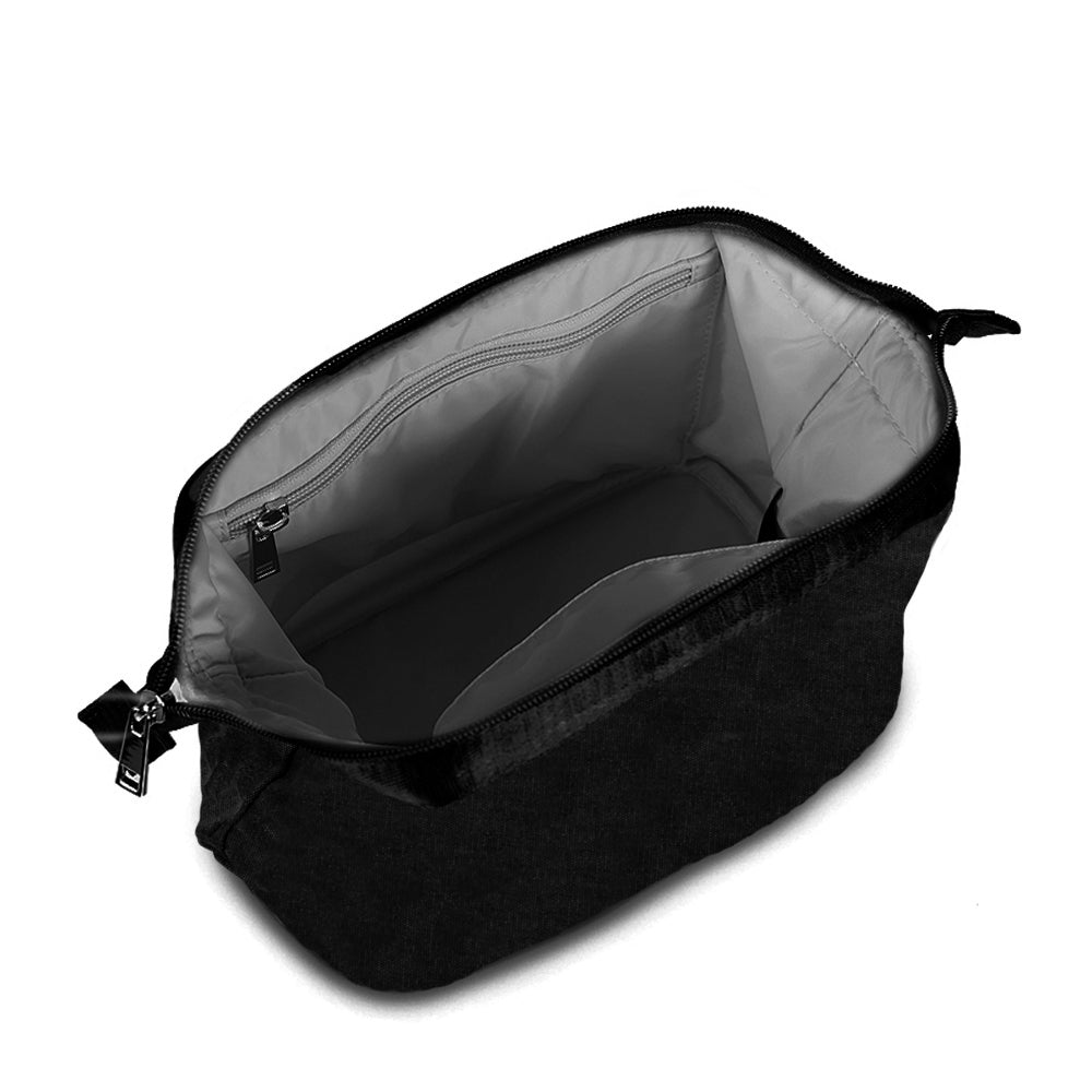 open black canvas toiletry bag with grey interior