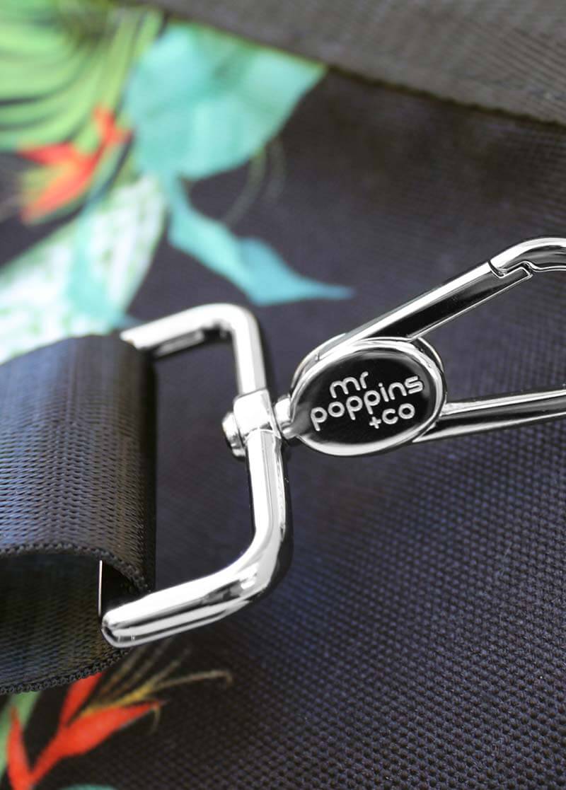 close up of chrome plated clasps of the Kahoots Leisure Bag embossed with our logo