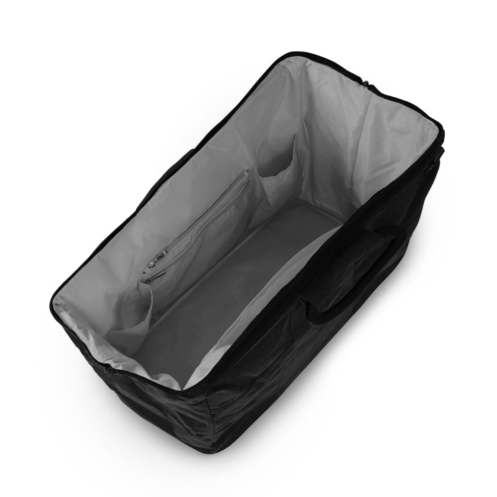 open black weekender bag with grey internal lining
