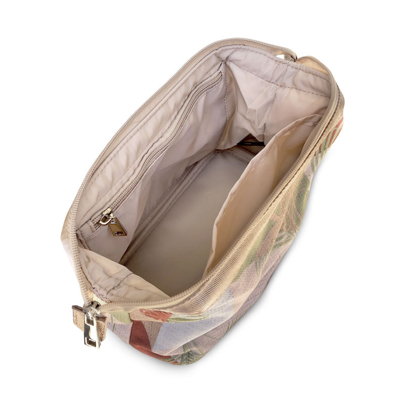 Open Palm Springs toiletry bag showing internal pockets