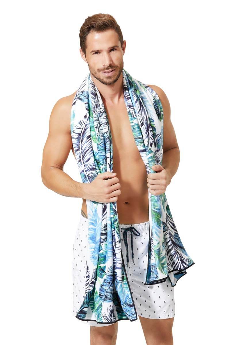 footloose sand free beach towel around mans neck