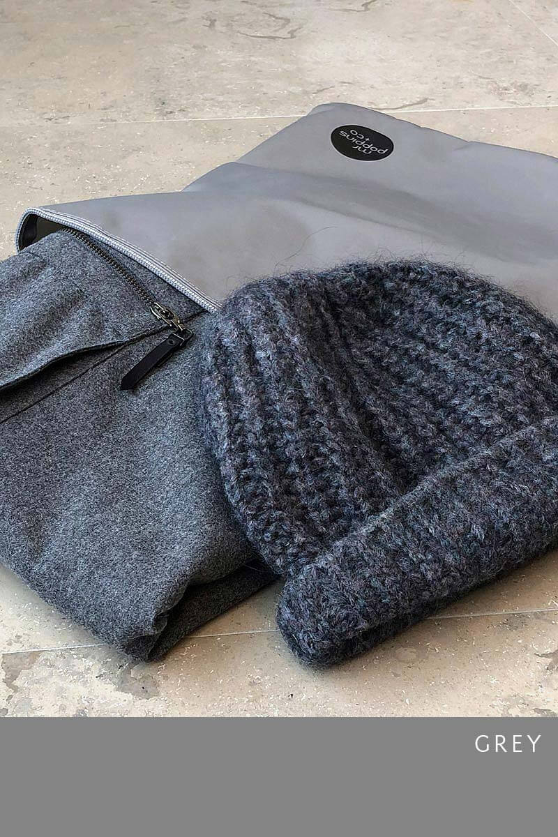 Grey wet bag / packing cell protects woolen items